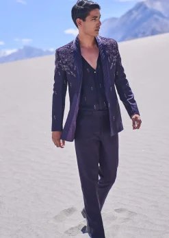 Violet Royal Hand Embroidered Tussar Tuxedo Set