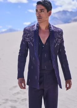 Violet Royal Hand Embroidered Tussar Tuxedo Set