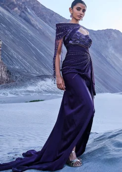 Violet Satin Embroidered Gown With One Shoulder Sash