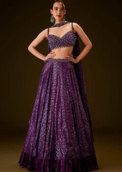 Violet Sequin Lehenga Set With Hand Embroidered Choker Dupatta