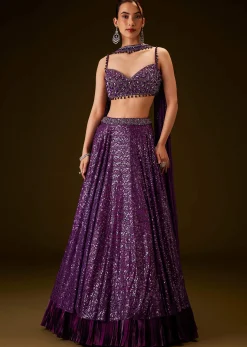 Violet Sequin Lehenga Set With Hand Embroidered Choker Dupatta