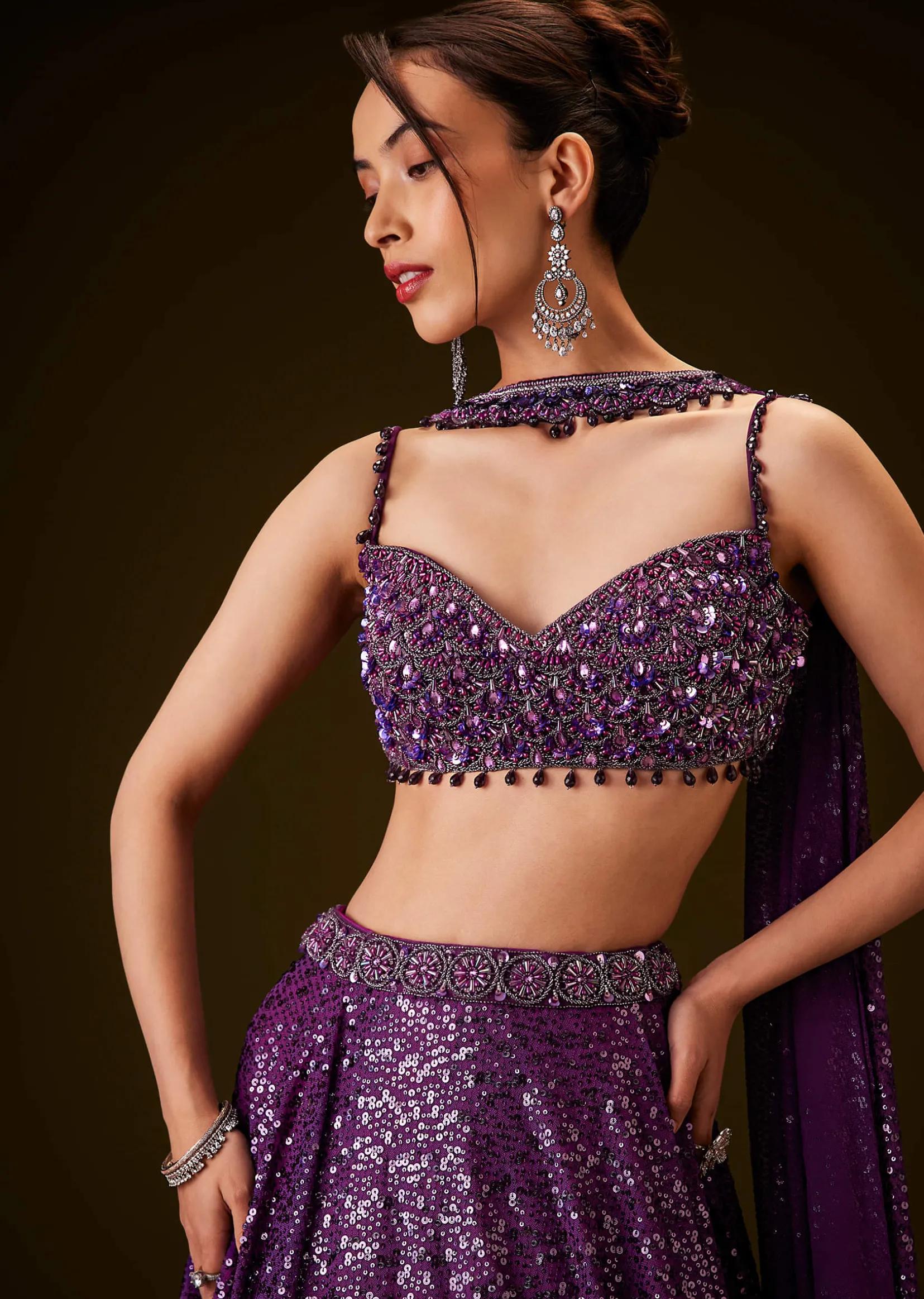 Violet Sequin Lehenga Set With Hand Embroidered Choker Dupatta