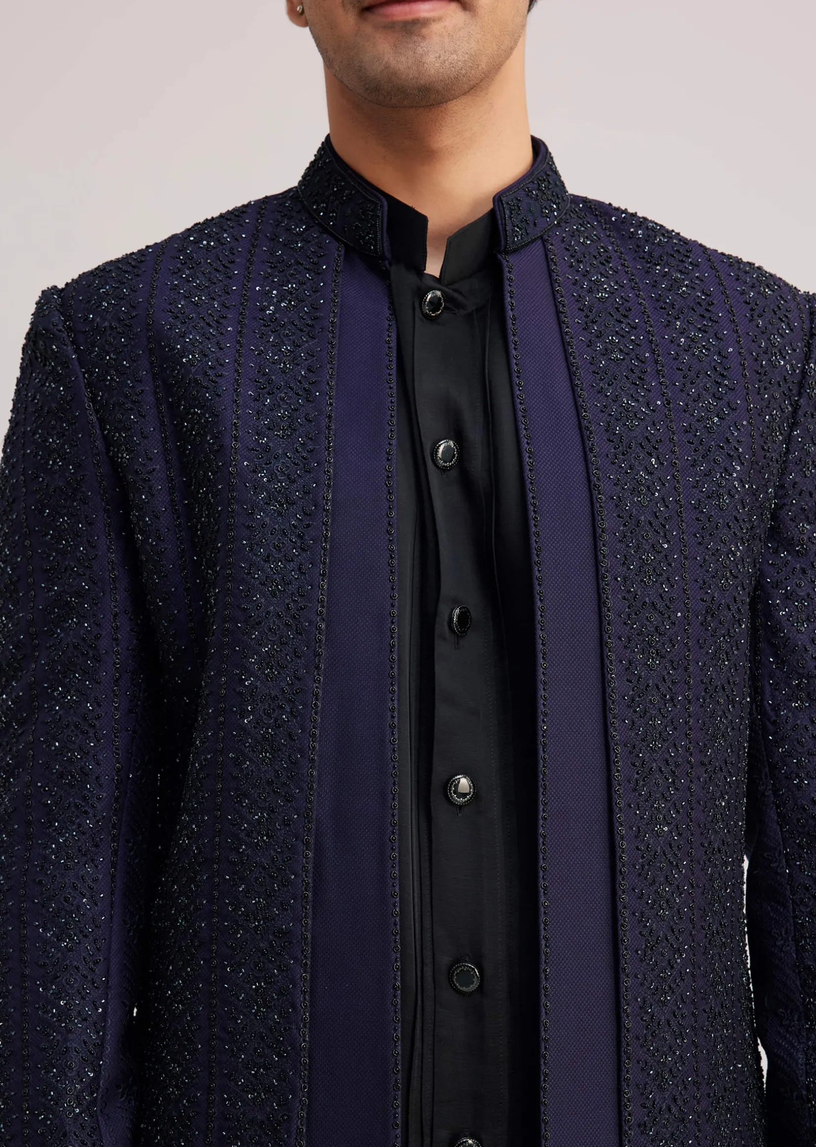 Violet Silk Indo Western Set With Sequins And Thread Work