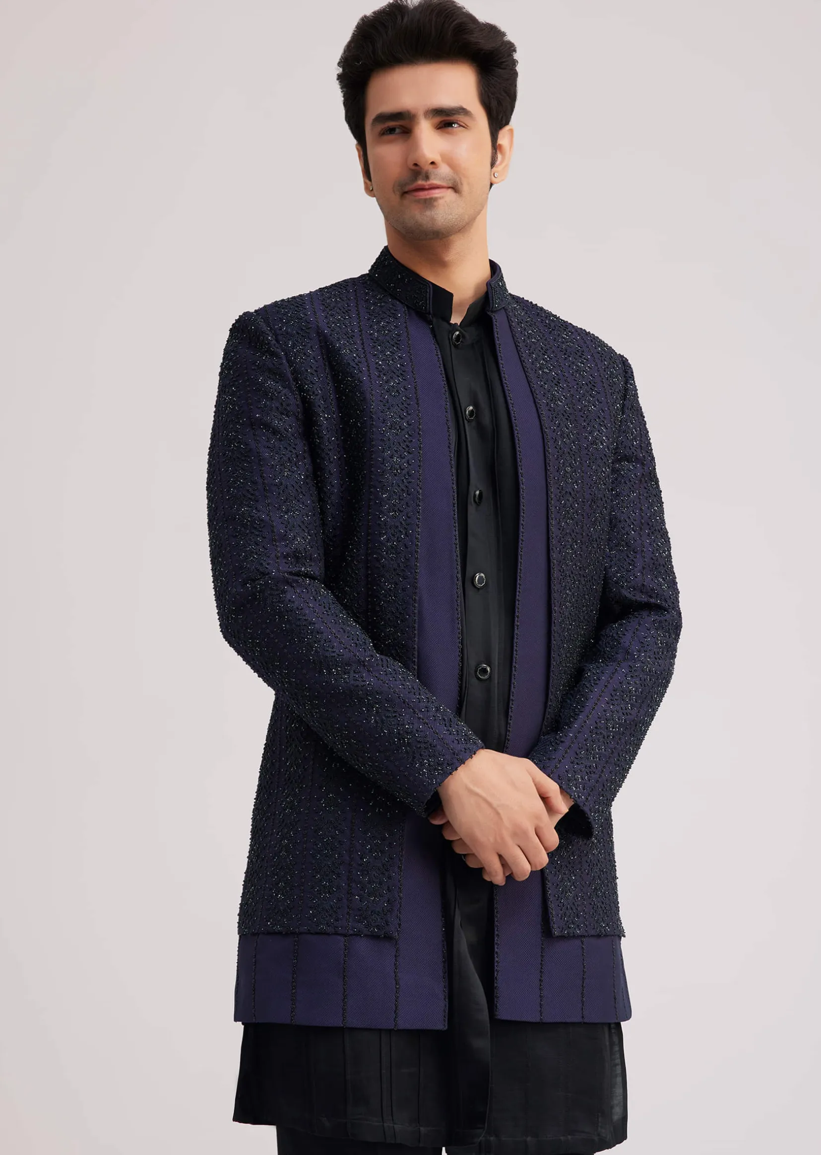 Violet Silk Indo Western Set With Sequins And Thread Work