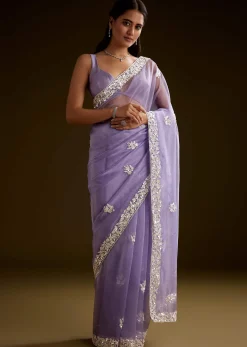 Violet Tissue Saree With Floral Embroidery And Scallop Border