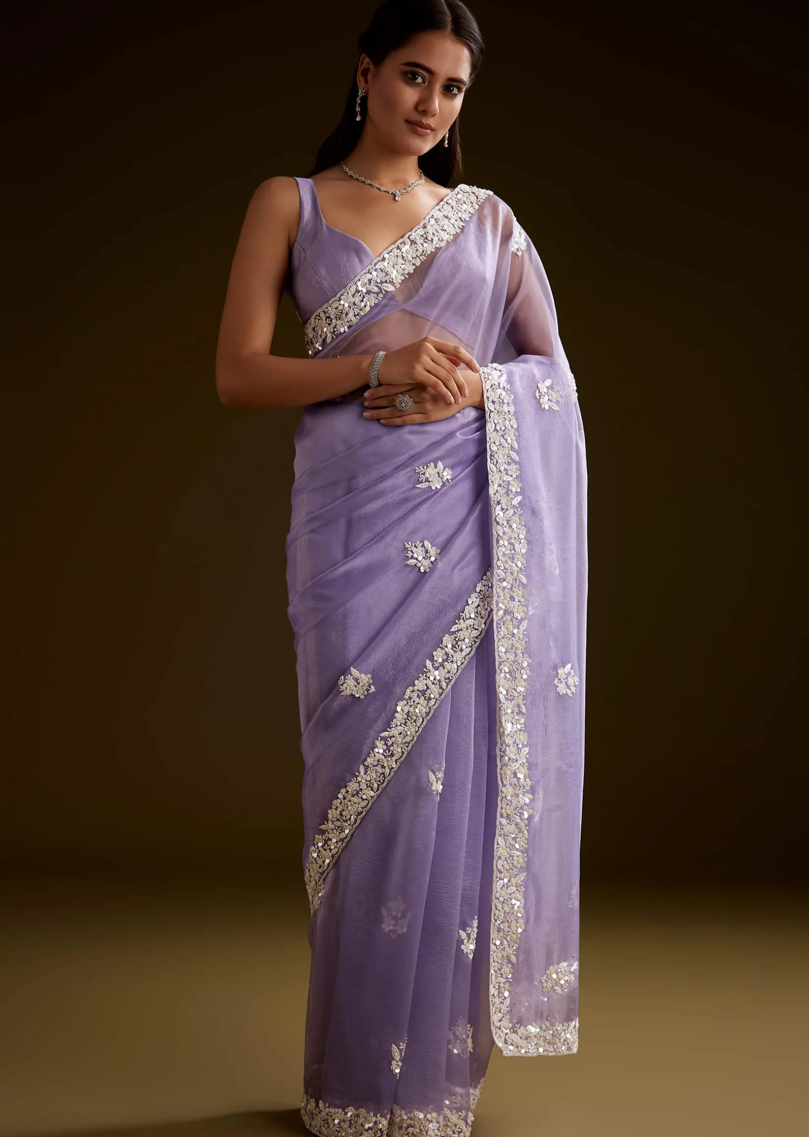 Violet Tissue Saree With Floral Embroidery And Scallop Border
