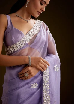 Violet Tissue Saree With Floral Embroidery And Scallop Border