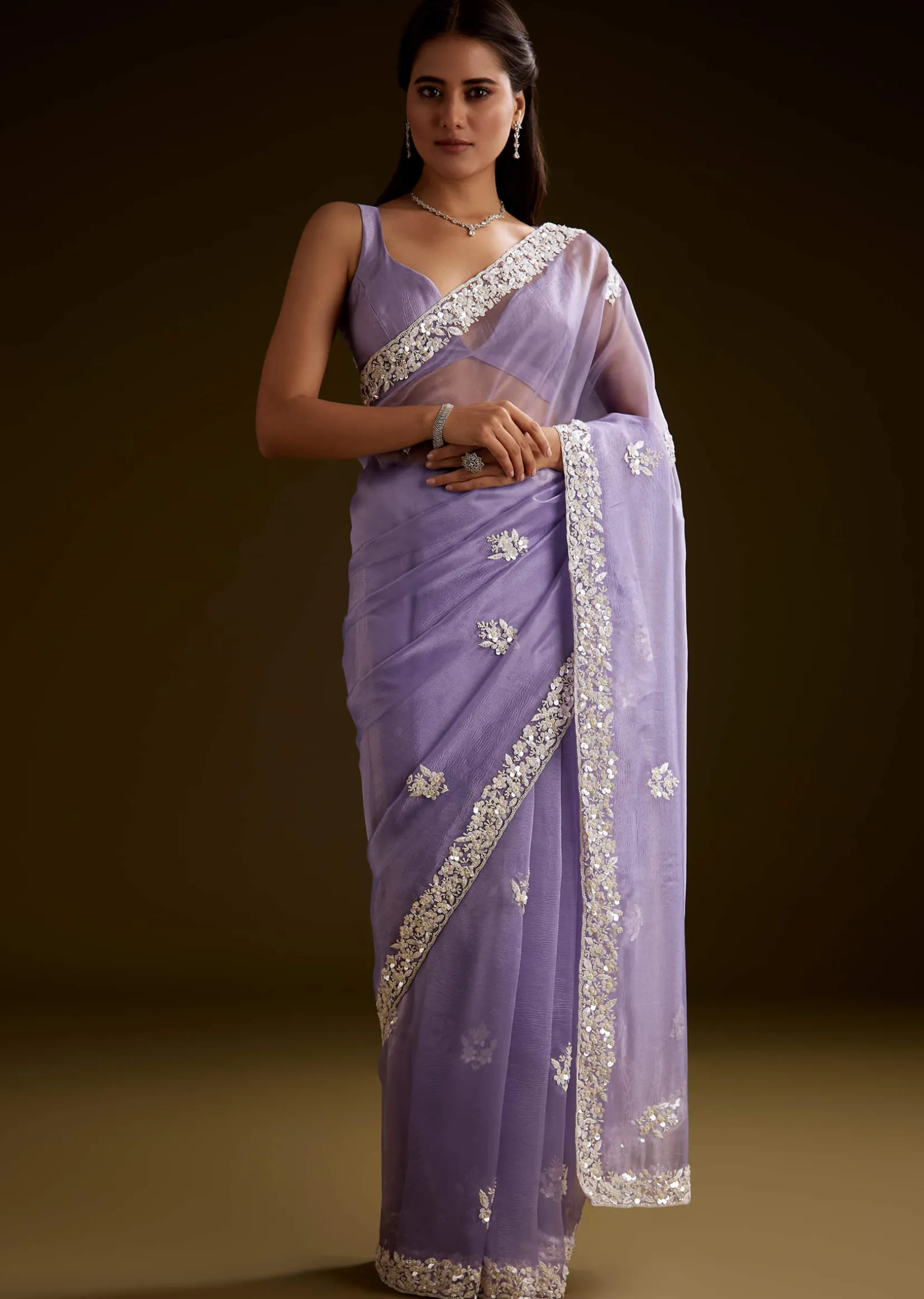 Violet Tissue Saree With Floral Embroidery And Scallop Border