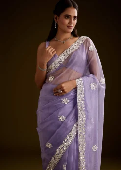 Violet Tissue Saree With Floral Embroidery And Scallop Border