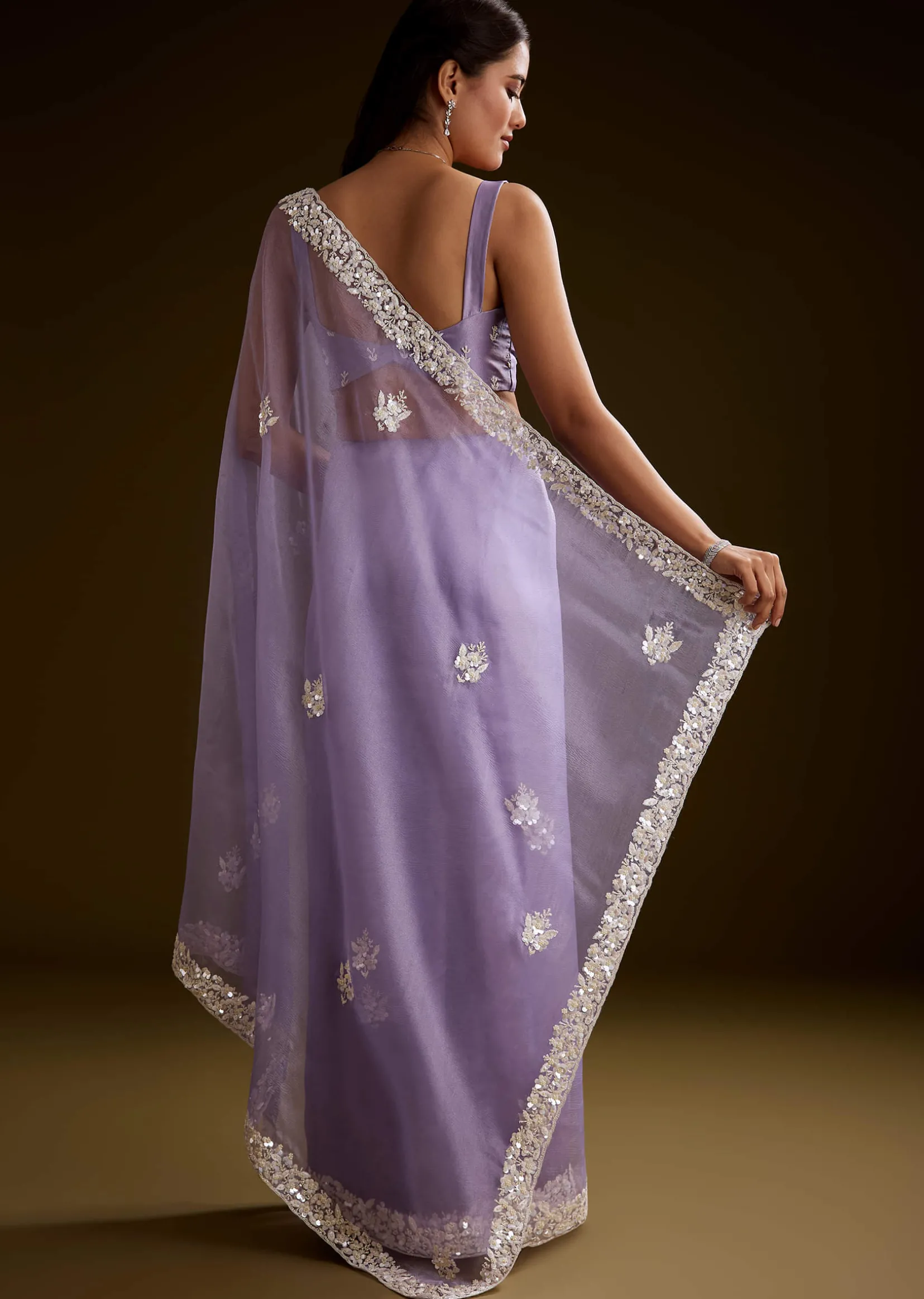 Violet Tissue Saree With Floral Embroidery And Scallop Border