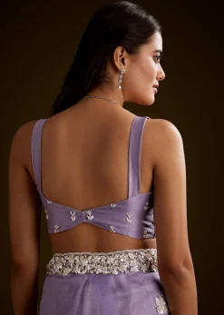 Violet Tissue Saree With Floral Embroidery And Scallop Border
