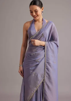 Violet Tissue Silk Saree With Cutdana And Sequin Embroidered Border