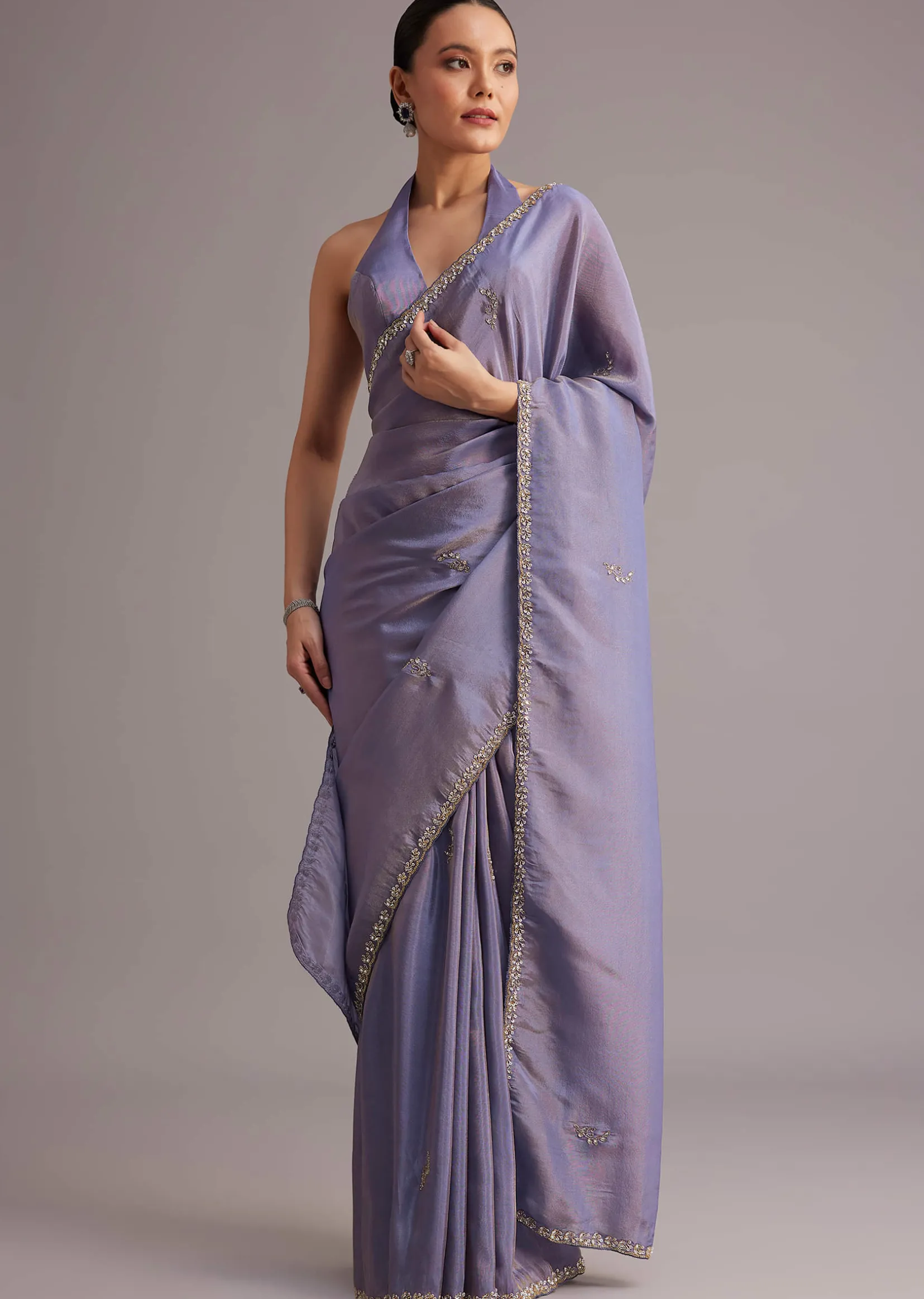Violet Tissue Silk Saree With Cutdana And Sequin Embroidered Border