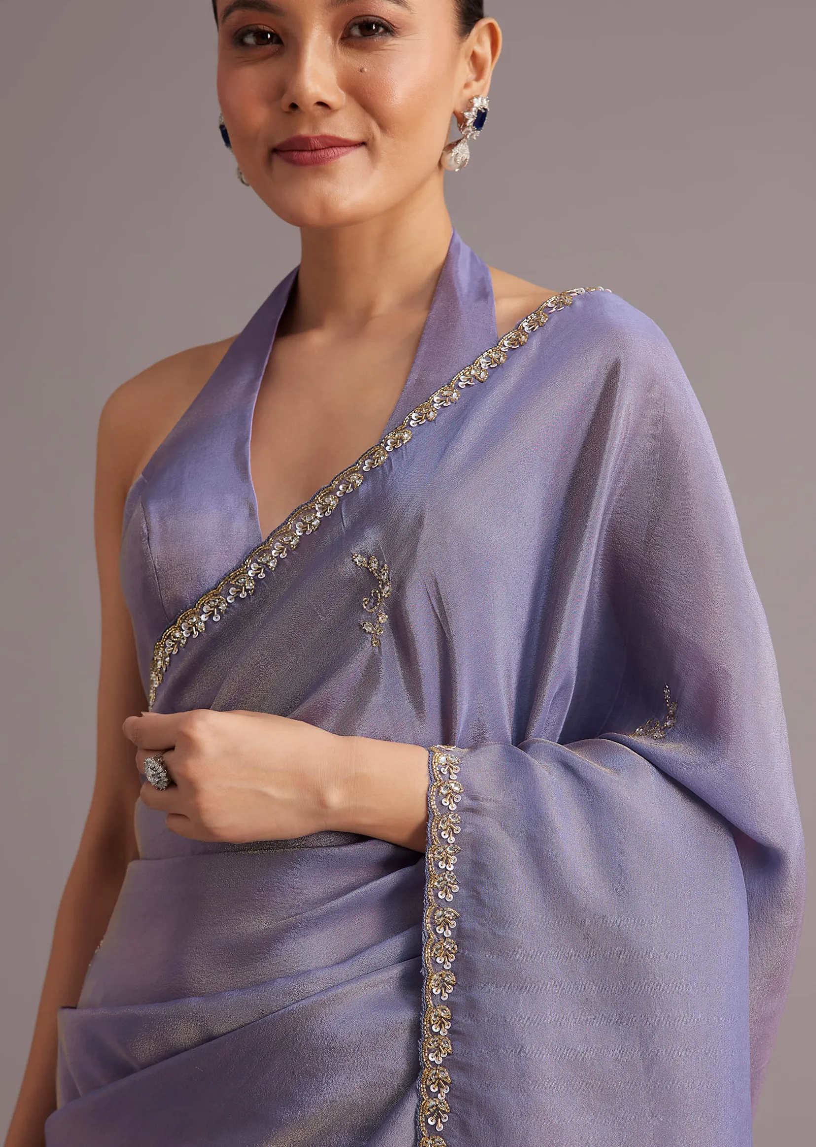 Violet Tissue Silk Saree With Cutdana And Sequin Embroidered Border