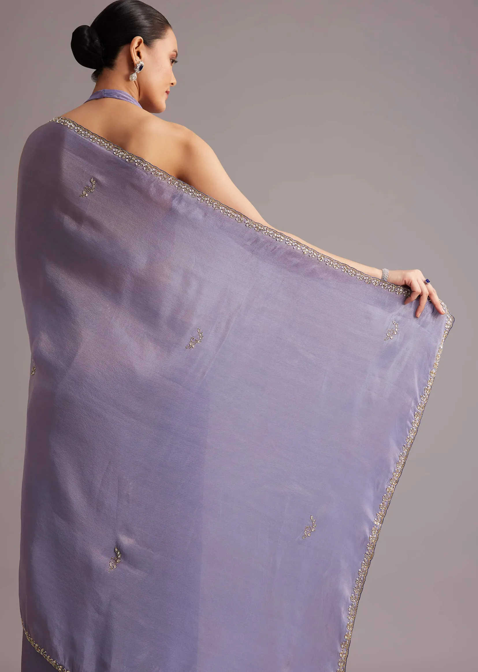 Violet Tissue Silk Saree With Cutdana And Sequin Embroidered Border