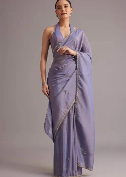 Violet Tissue Silk Saree With Cutdana And Sequin Embroidered Border