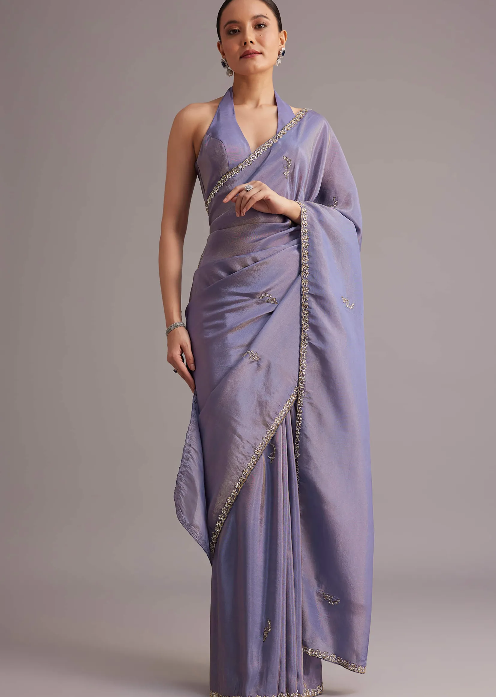 Violet Tissue Silk Saree With Cutdana And Sequin Embroidered Border