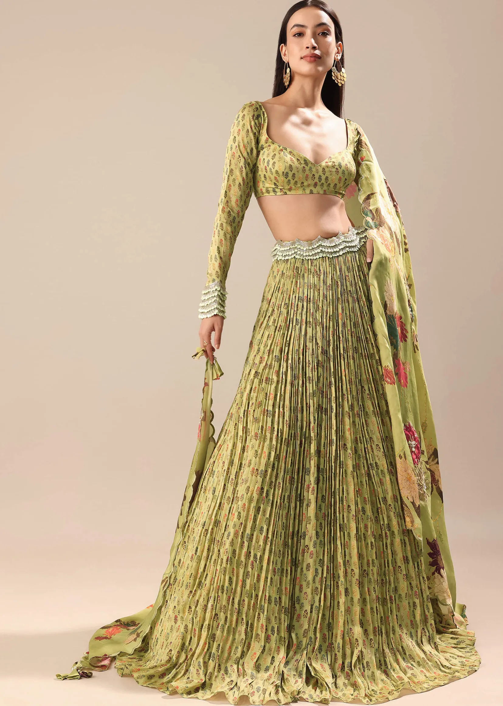 Warm Green Embroidered Skirt And Blouse