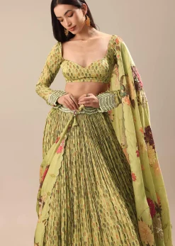 Warm Green Embroidered Skirt And Blouse