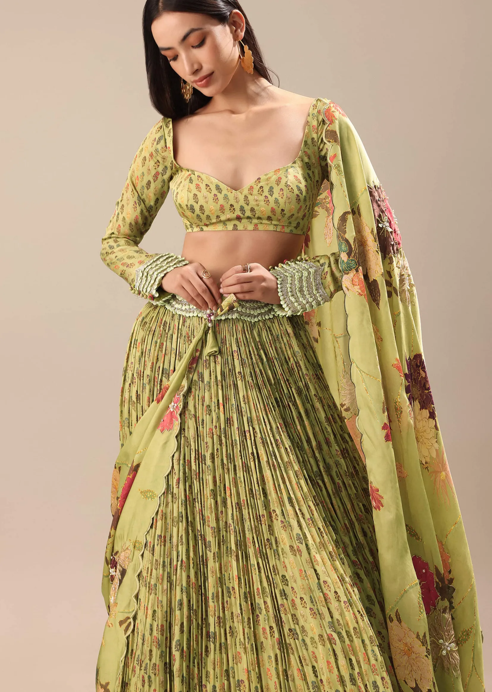 Warm Green Embroidered Skirt And Blouse