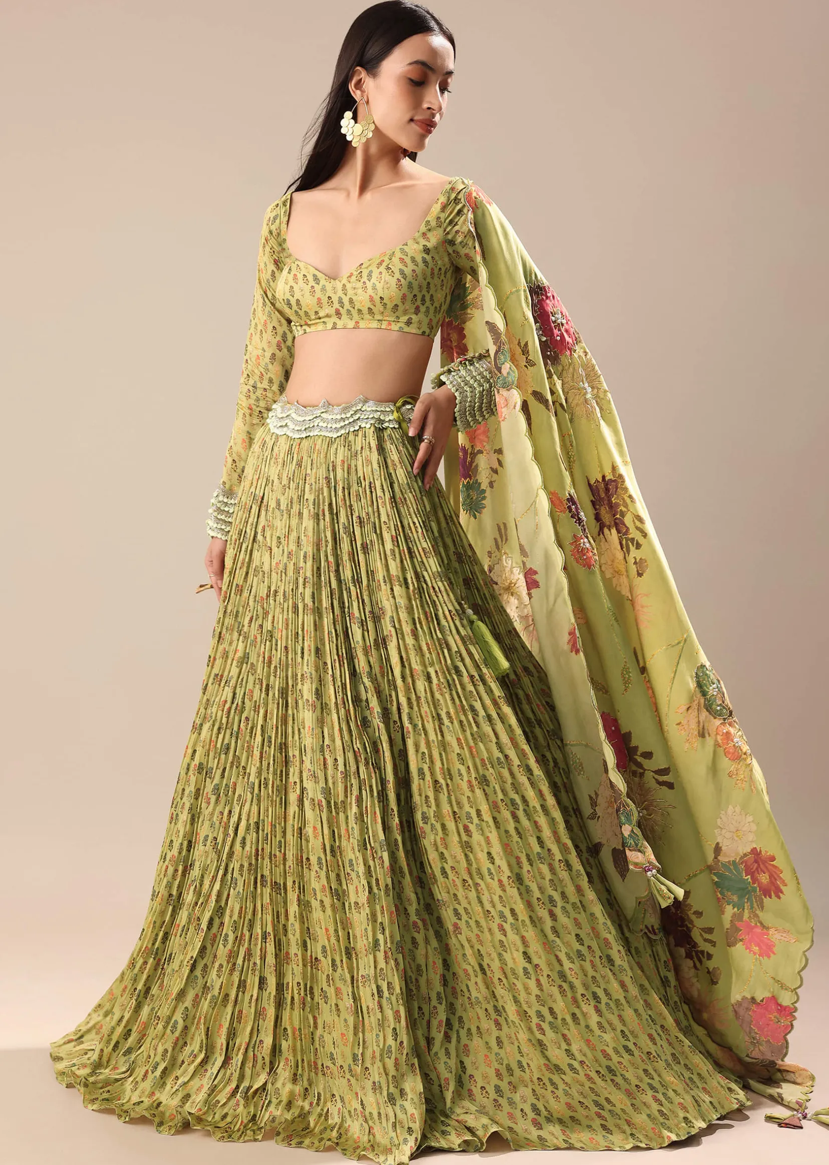 Warm Green Embroidered Skirt And Blouse