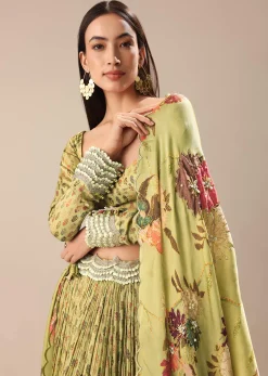 Warm Green Embroidered Skirt And Blouse