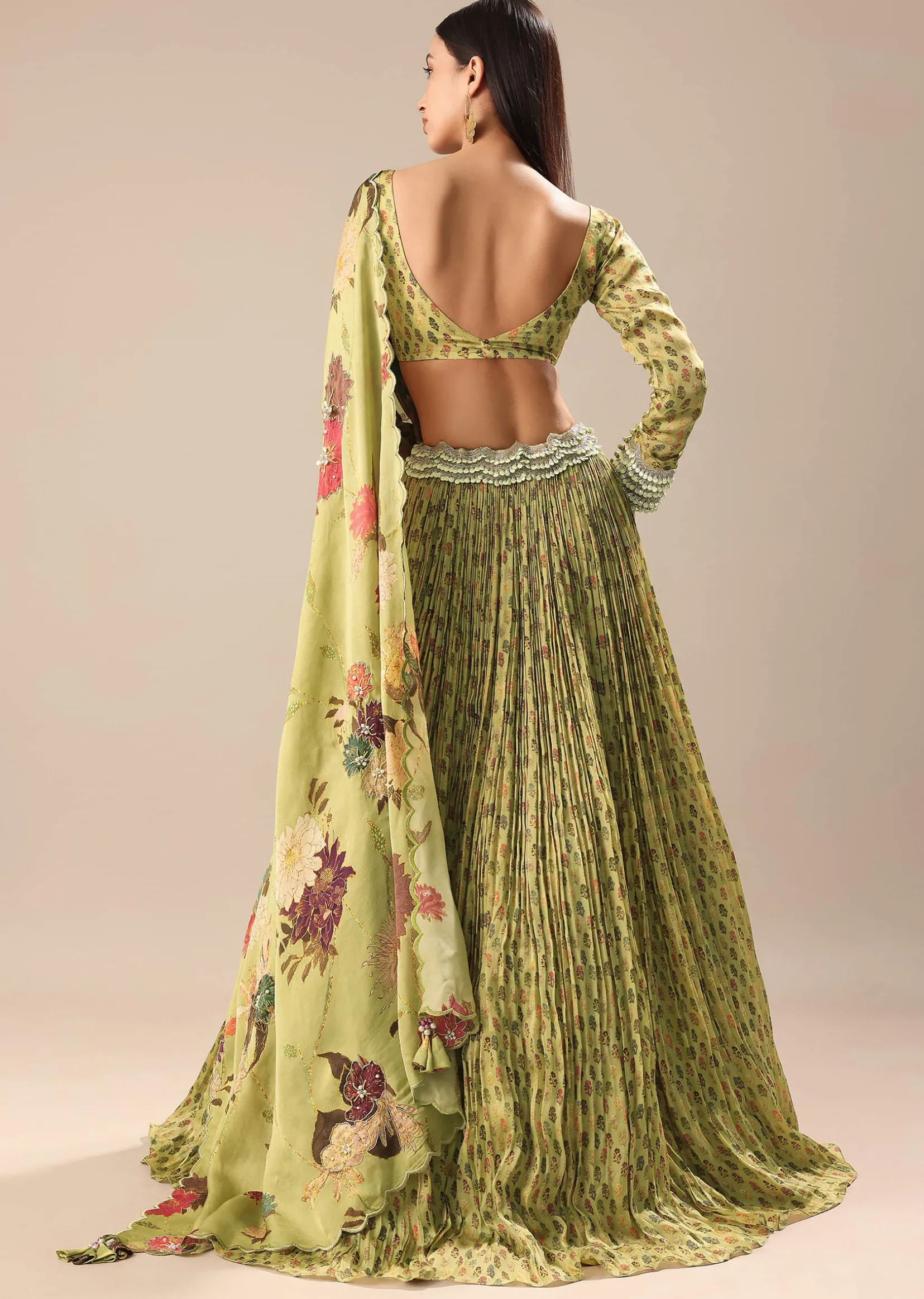 Warm Green Embroidered Skirt And Blouse