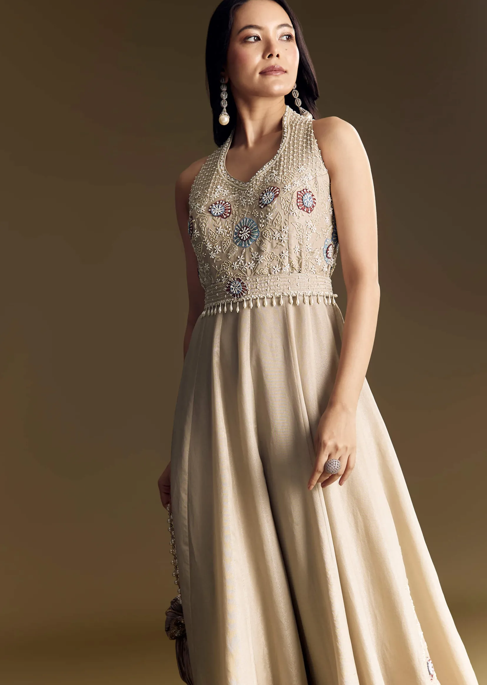 Warm Grey Indowestern Jumpsuit With Cut Dana And Sequin Embroidery