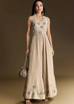 Warm Grey Indowestern Jumpsuit With Cut Dana And Sequin Embroidery