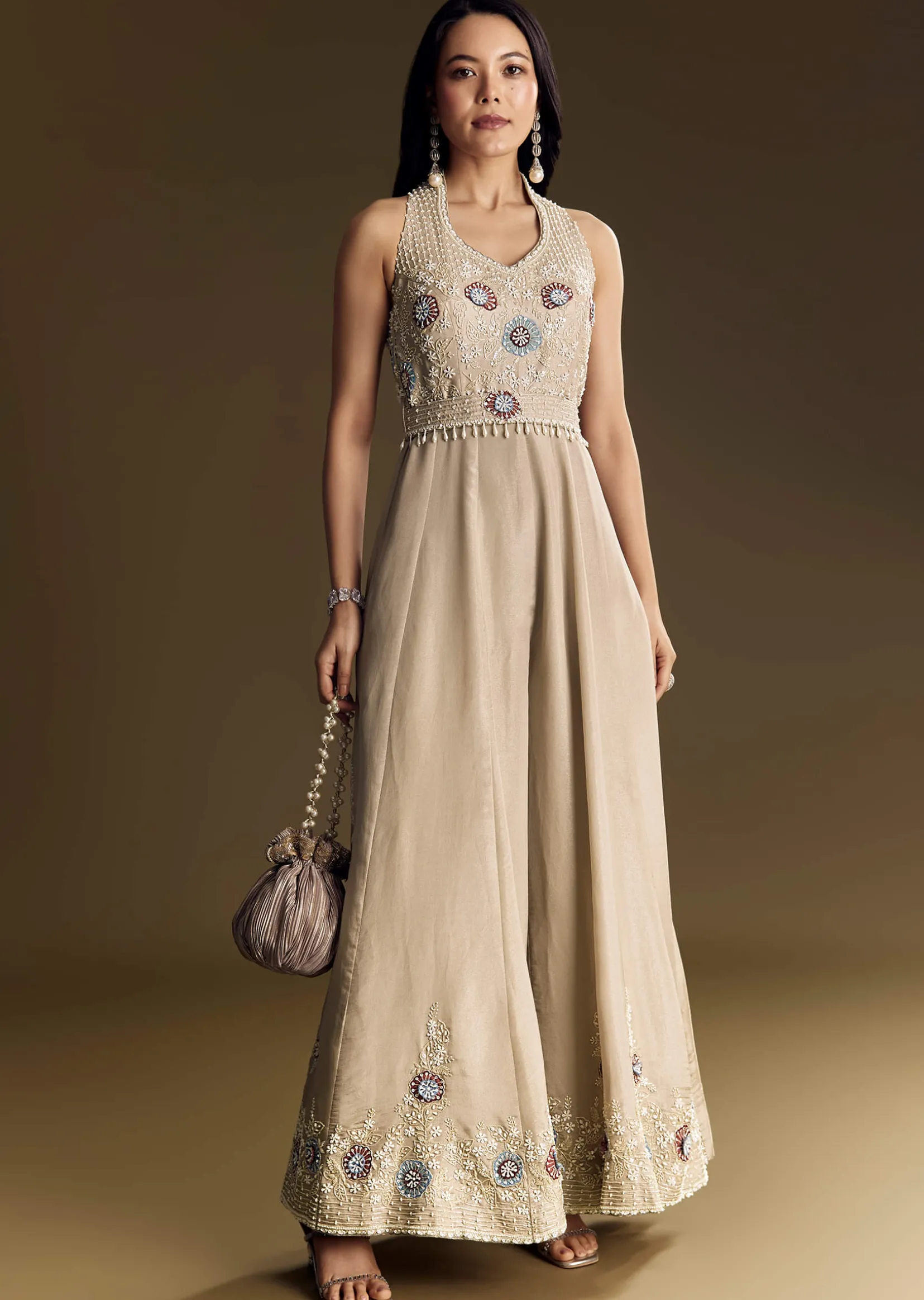 Warm Grey Indowestern Jumpsuit With Cut Dana And Sequin Embroidery