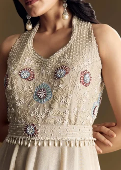 Warm Grey Indowestern Jumpsuit With Cut Dana And Sequin Embroidery