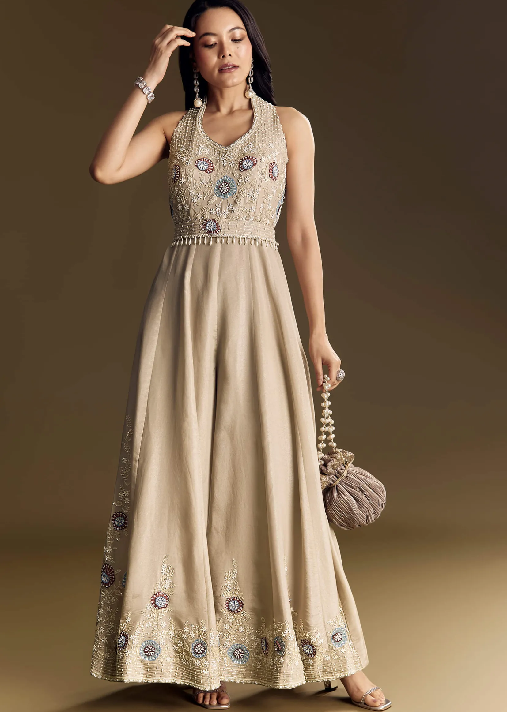 Warm Grey Indowestern Jumpsuit With Cut Dana And Sequin Embroidery