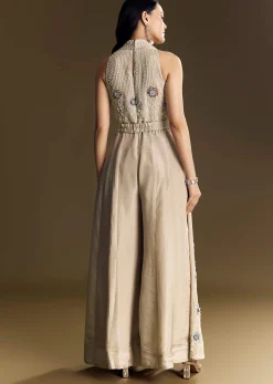 Warm Grey Indowestern Jumpsuit With Cut Dana And Sequin Embroidery
