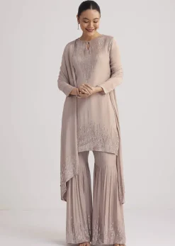 Warm Grey Sequined Chinon Sharara Set