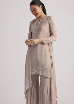Warm Grey Sequined Chinon Sharara Set