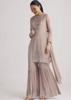 Warm Grey Sequined Chinon Sharara Set
