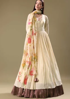Warm Ivory Beaded Long Suit With Dupatta