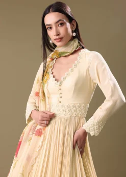 Warm Ivory Beaded Long Suit With Dupatta