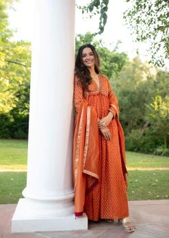 Warm Rust Orange Brocade Cutdana Beaded Anarkali Suit