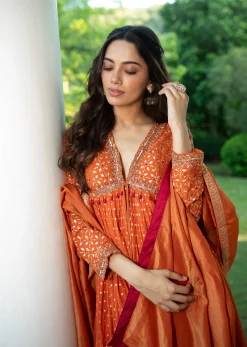 Warm Rust Orange Brocade Cutdana Beaded Anarkali Suit