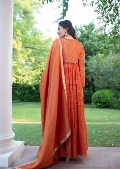 Warm Rust Orange Brocade Cutdana Beaded Anarkali Suit