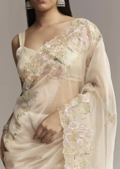 Water Gold Tissue Saree With Multicolor Floral Cutwork Embroidery
