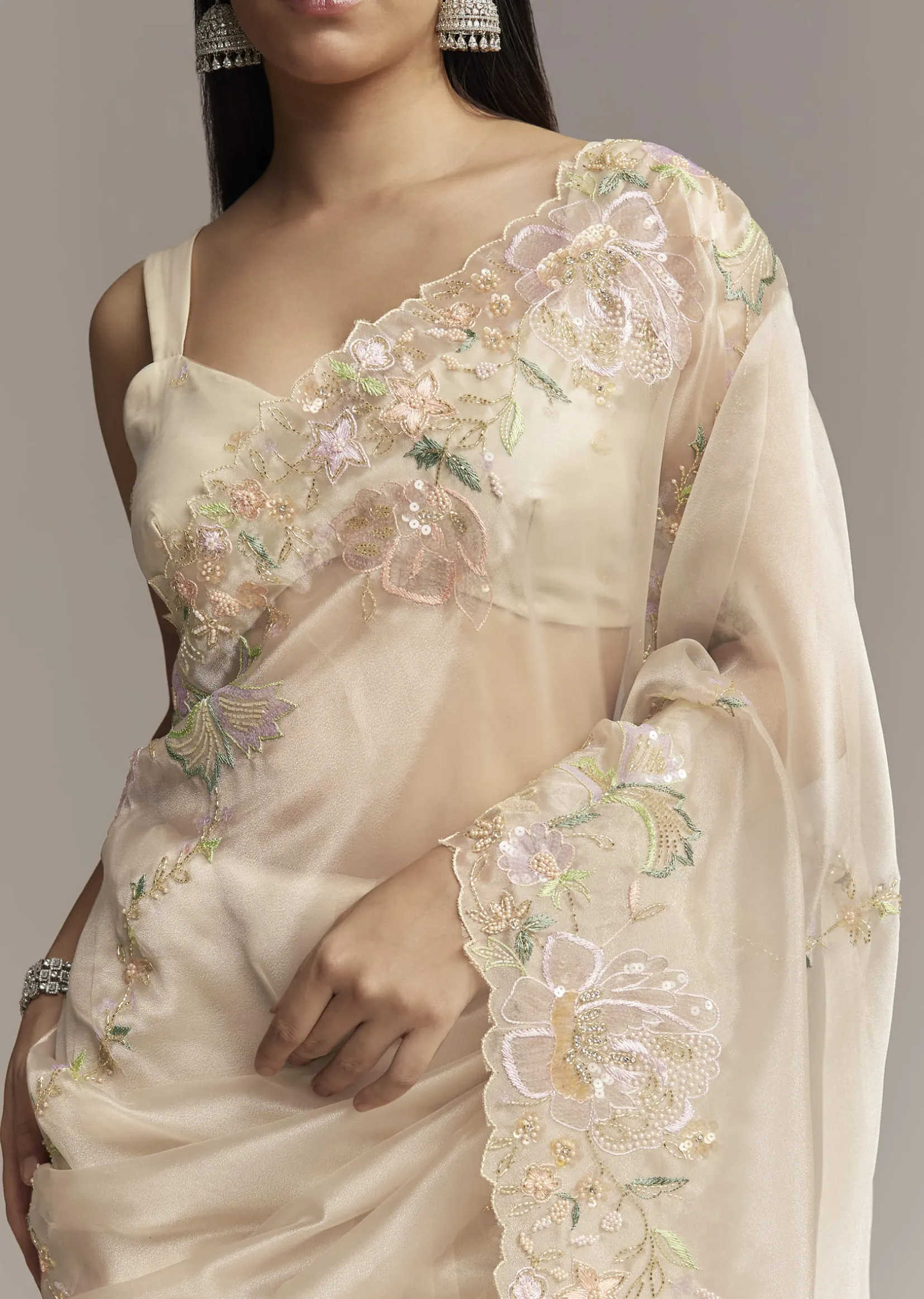 Water Gold Tissue Saree With Multicolor Floral Cutwork Embroidery