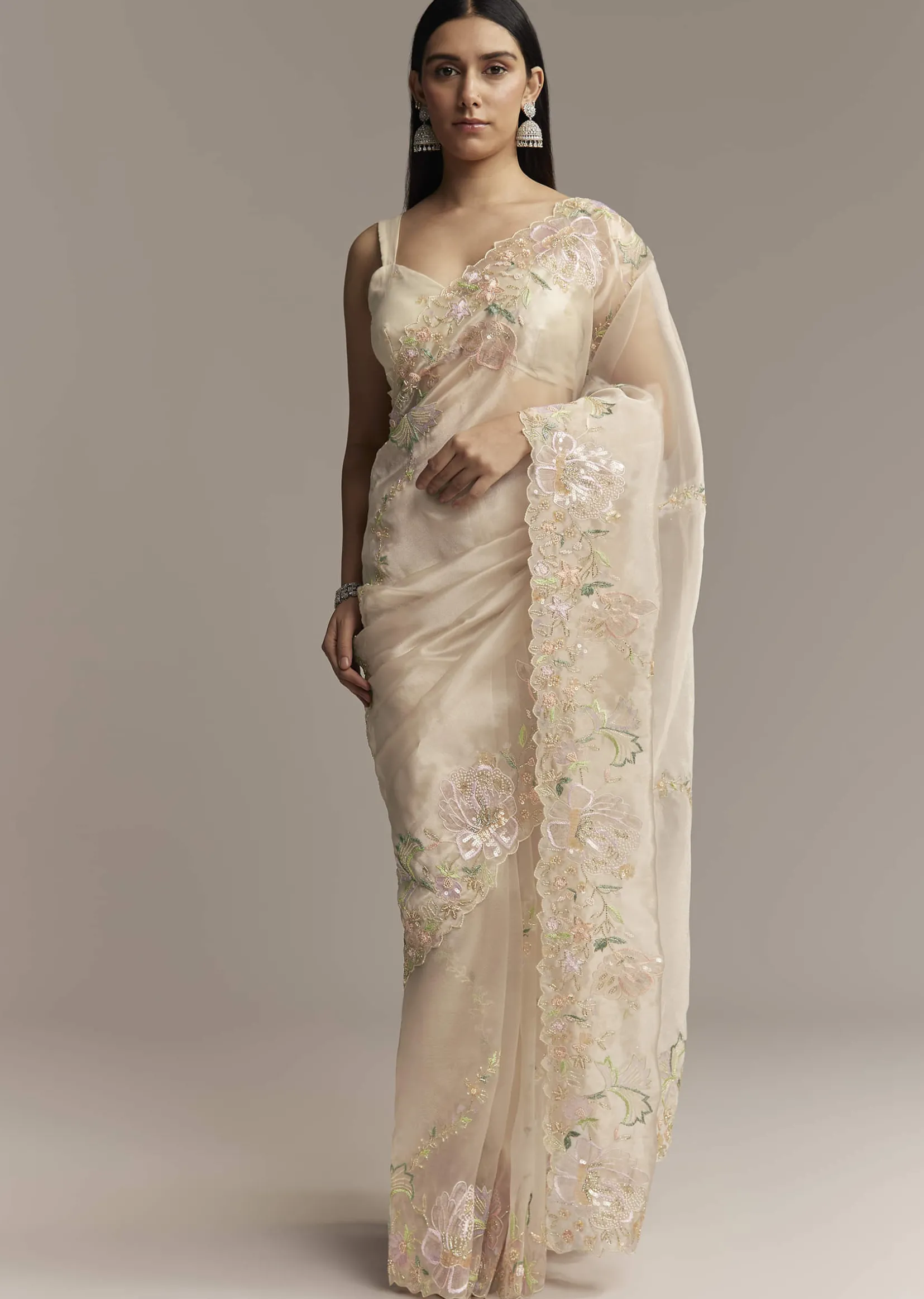 Water Gold Tissue Saree With Multicolor Floral Cutwork Embroidery