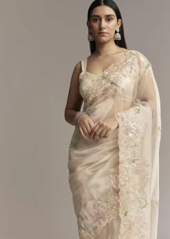 Water Gold Tissue Saree With Multicolor Floral Cutwork Embroidery