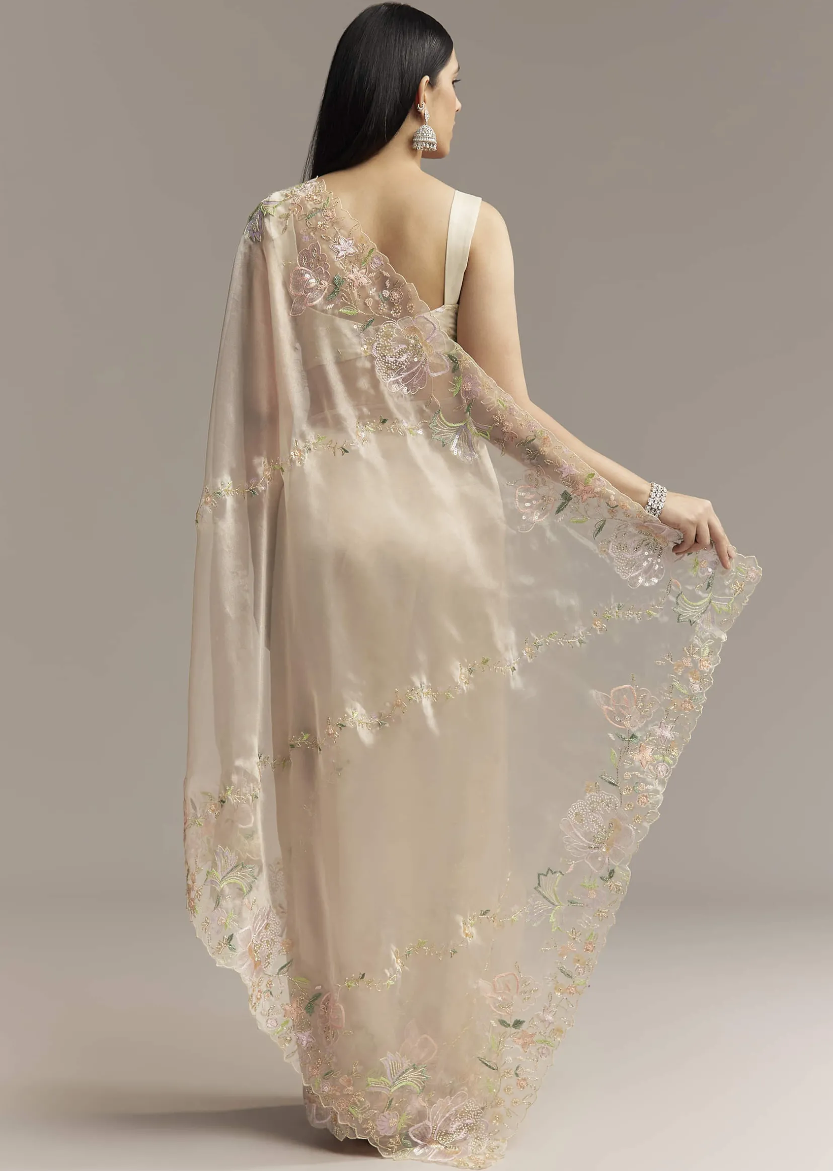 Water Gold Tissue Saree With Multicolor Floral Cutwork Embroidery