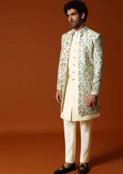 White And Cream Embroidered Indowestern Suit For Men