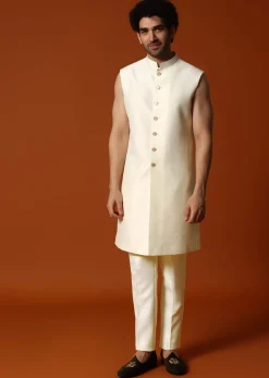 White And Cream Embroidered Indowestern Suit For Men