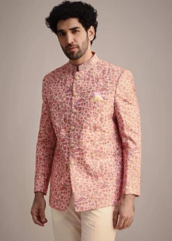White And Cream Printed Silk Jodhpuri Suit