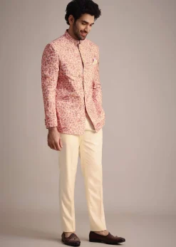 White And Cream Printed Silk Jodhpuri Suit